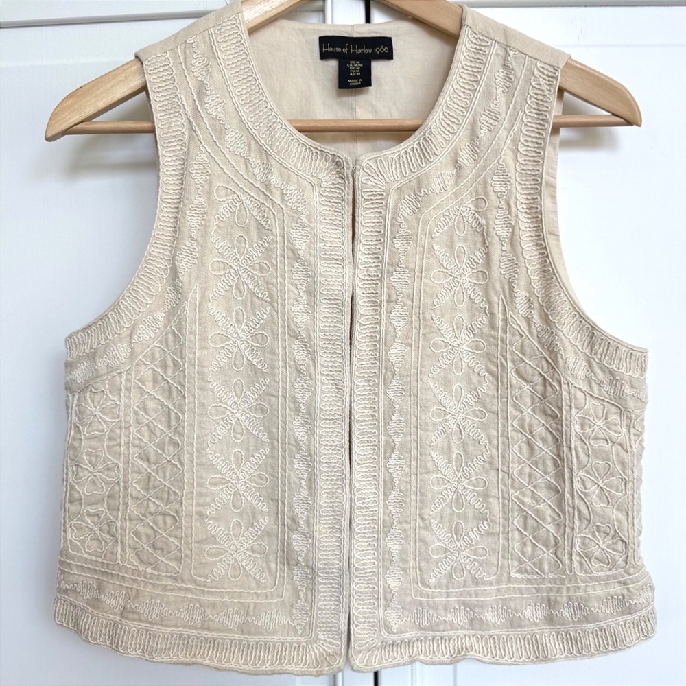 House of Harlow 1960 Womens Beige Embroidered Linen Blend Vest Medium Bohemian